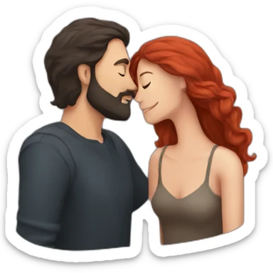 a bearded man with dark hair kissing a woman with long red hair sticker