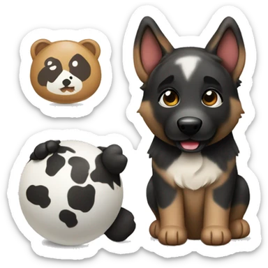 brindle colored german shepherd with a panda toy sticker