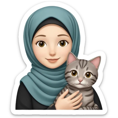 White girl wearing hijab smiling while holding a black grey tabby cat sticker