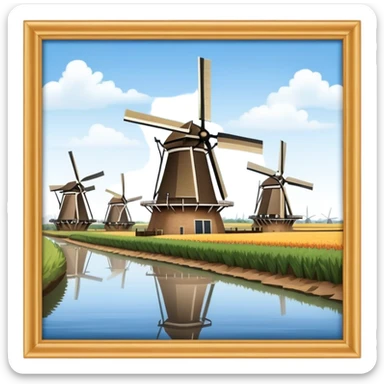 Cinematic Realistic Kinderdijk Windmills Landmark Emoji, depicted as a row of classic Dutch windmills set against a serene sky rendered with detailed textures and soft natural lighting. sticker