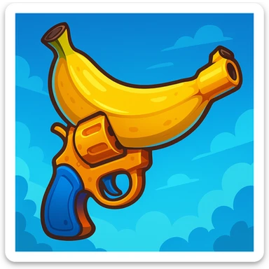 banana pistol in Fortnite style, exaggerated features, glossy finish, bright and saturated palette, whimsical and adventurous, stylized shading sticker
