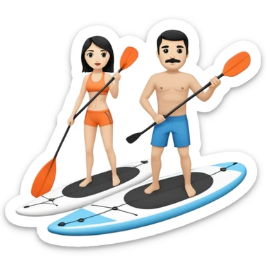 Make a couple paddle boarding both white skin and black hair and the guy has a black mustache, both in the same paddle board sticker