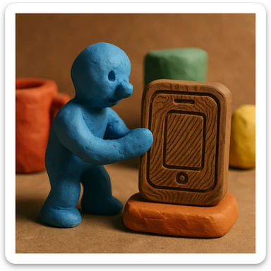 Make the smartphone icon look more like it is carved from wood, with wood grain texture, brown hues, and engraved lines, in a claymation style. sticker