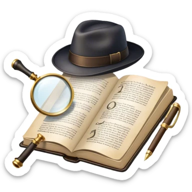 Icon for Detective Reading: an open book with text and a magnifying glass, a detective’s hat and a notebook with clues, surrounded by dark shadows and mysterious elements like footprints. Transparent background. sticker