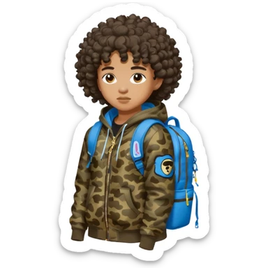 blasian teenager with curly hair, and bape x sprayground hoodie and sprayground backpack sticker