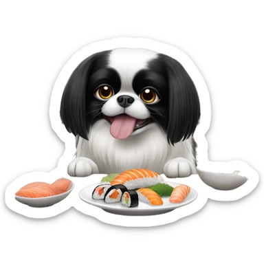 Black and white-colored Japanese Chin dog eating sushi at a restaurant  sticker