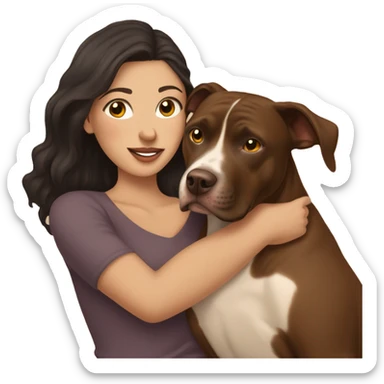 A woman with dark hair and brown eyes is hugging a ball over brown pitbull femail dog with golden eyes with cropped ears  sticker