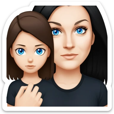 female, wearing black tshirt,  black hair sticker