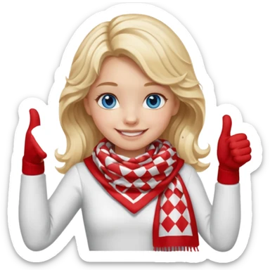 Blonde Girl, Blue Eyes, wavy hair, smiling, thumbs up, wearing red Checkered Triangle scarf, white dress sticker