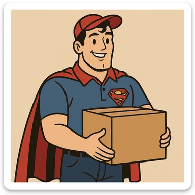 Superman in a delivery driver's outfit, friendly expression, cartoon style sticker