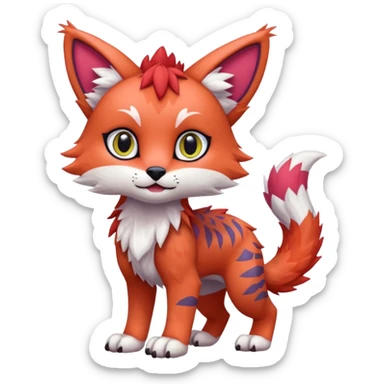 Colorful tropical reddish kawaii cute Lynx-Trico-Sergal-Wolf-Vernid-Fakémon-Pokémon-creature (full body) sticker