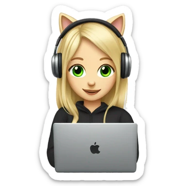 blonde girl green eyes with cat headphones and laptop sticker