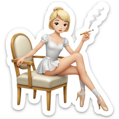 blonde, short-haired ballerina in a white English blouse, experienced with a sly look, putting her long legs on a chair in front of her, smoking sticker