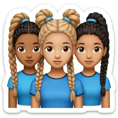 3 black teenage girls. One with shoulder length long curly hair and a little light skinned. One with Carmel skin with two long straight ponytails. One a little darker with 6 straight back braids going into buns in the back sticker
