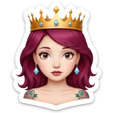 Beautiful tattooed long burgundy haired girl wearing a princess crown sticker