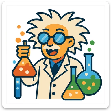 scientist with wild hair and goggles, surrounded by bubbling test tubes sticker