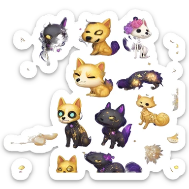 Black iridescent dog fox zombie skeleton gold mechanical nebula galaxy stars flowers fairy lights vintage sticker