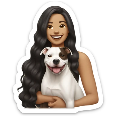 light skin woman with long wavy black hair expressing joy alongide a white and brown pitbull sticker
