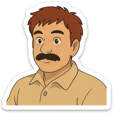 Asian man with black mustache and red hair, ghibli style sticker