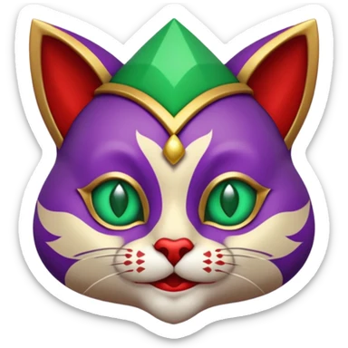 crazy colorful cute little cat jolly joker from poker, medieval, vintage, court jester, mac os icon, purple, gold and red color, half body, emerald green ice eyes. Squared shape as 3D mac os icon, symmetrical sticker