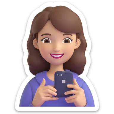 girl holding a smartphone, smiling, emoji style, with brown hair sticker