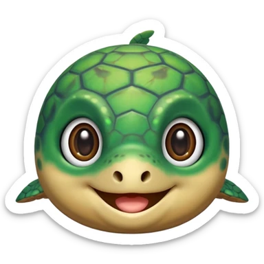 extremely cute aesthetic sea turtle with tiny body, huge shiny round eyes, soft green and brown tones, maximally cute, kawaii-inspired, Apple emoji style sticker