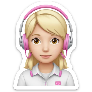girl with blonde hair, white shirt and pink headset sticker