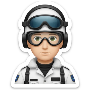 A Finnish modern soldier in a white snow uniform. with black night vision goggles sticker