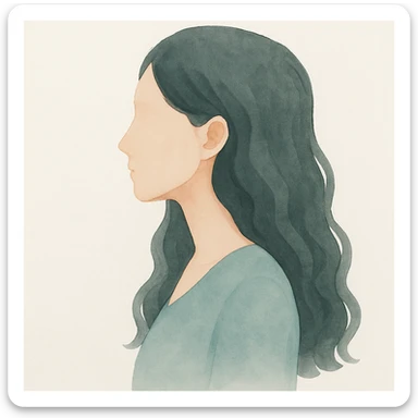 Make the faceless Asian woman with long, wavy hair face sideways in soft watercolor style. sticker