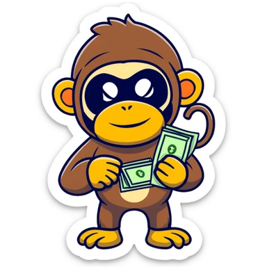 sneaky monkey thief with a bandit mask and money bag sticker