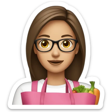 young woman with brown hair and thin glasses with a pink bag full of groceries sticker