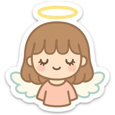 cute brown haired girl with bangs and long lashes as an angel, soft features, glowing halo, small wings, gentle smile sticker
