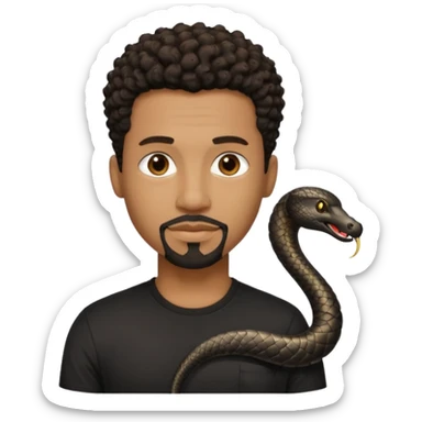 Homme noir, yeux marron avec un bouc sans la moustache, cheveux noir court et bouclé crépus avec un dégradé sur le côté, avec un cobra à côté , t-shirt noir  sticker