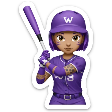 WCU Softball player in purple Cats uniform batting with a full arm sleeve tattoo on left arm sticker