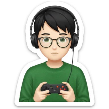
gamer, Gorgeous green sweater black hair anime style shojo guy glasses, headphone, gamepad sticker