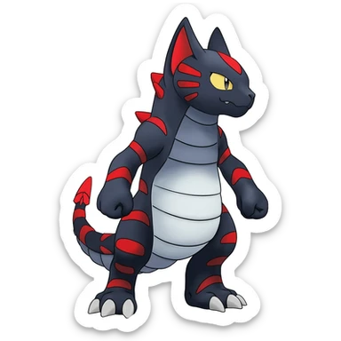 midnight blue-gray-black, with red markings, white belly, scaley Bastet-Noibat-Gatomon-Garchomp-Digimon-Fakémon-Pokémon-creature (full body) sticker