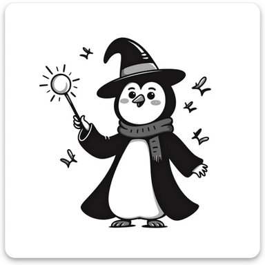 penguin wizard, whimsical and hand drawn, notion style doodle, includes magical elements, with text sticker