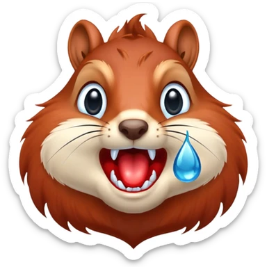 Front view of squirrel face with red-brown fur, prominent teeth, black eyes, and a huge blue drool droplet hanging from mouth, unmistakable drooling sticker