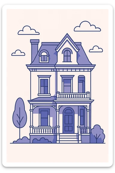 a white posh victorian house, simplified shapes, elegant, flat cartoon style sticker