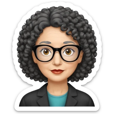 femme 60 ans cheveux gris foncé très bouclé et yeux marrons foncé, lunettes rectangle noir sticker