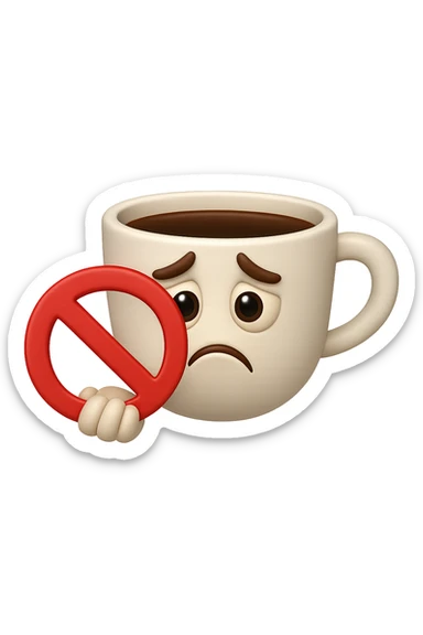 emoji stile iphone di una tazzina di caffè con espressione triste in volto mentre tiene un divieto in mano, iperrealistico 4k sticker