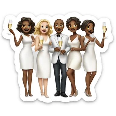 Group of 5 smiling women, one boy and a woman with white dress clinking champagne sticker