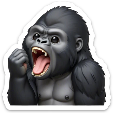 Cinematic Cute Yawning mountain Gorilla Portrait Emoji, Head tilted slightly with a dramatic, wide-open yawn, showcasing a formidable build with a black and greyy mane and drowsy, half-closed eyes, Simplified yet irresistibly adorable features, highly detailed, glowing with a soft, cozy jungle glow, high shine, relaxed yet expressive, stylized with a dash of whimsical primate charm, soft glowing outline, capturing the essence of a drowsy yet affectionate guardian that appears ready to stretch out for a nap! sticker