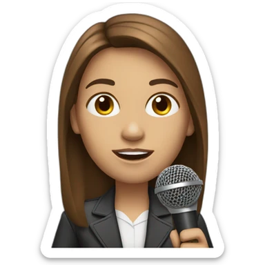 a journalist with long brown hair with a microphone sticker