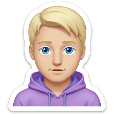 blonde man with blue eyes, lilac hoodie, winking sticker