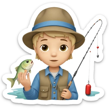Little boy on the dock fishing, felt texture, scrapbooking, precious moments style character sticker