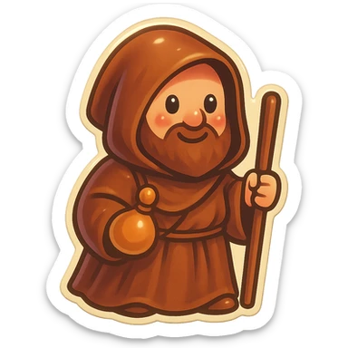 medieval pilgrim wearing a brown cloak, cute and funny, sticker style, voting sticker