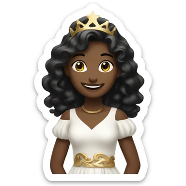 A girl with wavy black hair, wearing a white dress with gold details, smiling softly in a festive setting. sticker