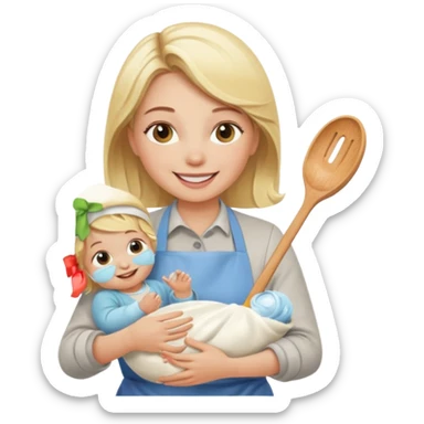 Blonde girl, cooking , cleaning and holding a baby sticker