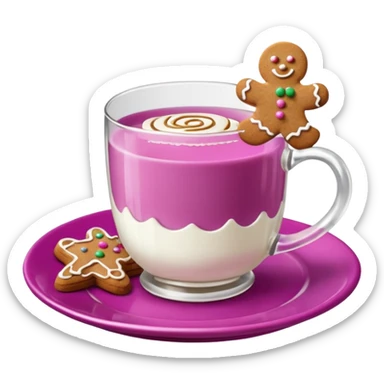 A glass of milk sits on a magenta saucer with gingerbread cookies. sticker